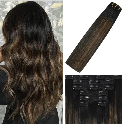Miniatura 54 de WindTouch - Extensiones de cabello humano liso con pinzas, color negro azabache, 2.47 onzas, N.° 1, 12 pulgadas, 7