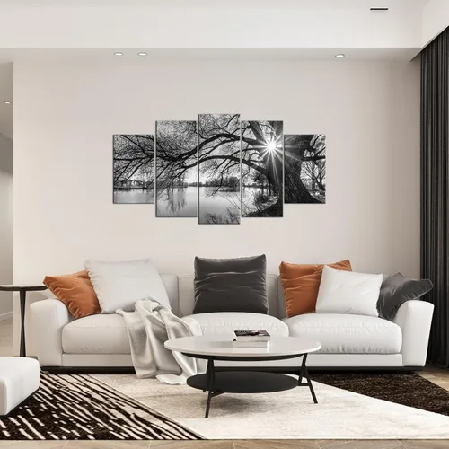Miniatura 2 de sechars - 5 piezas de arte de pared, diseño de árbol viejo por lago, pintura de amanecer, paisaje blanco y negro, decoración moderna de pared