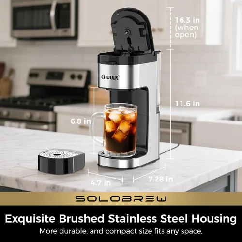 Miniatura 6 de CHULUX SoloBrew Cafetera de una sola porción, para taza K y molida, 3 tamaños de preparación con botón fuerte y función de hielo, depósito extraíble