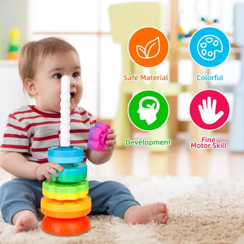 Miniatura 5 de BYFWH Juguetes apilables giratorios para bebés de 12 meses en adelante, apilador de anillos para niños pequeños de 1 a 3 años, juguetes Montessori