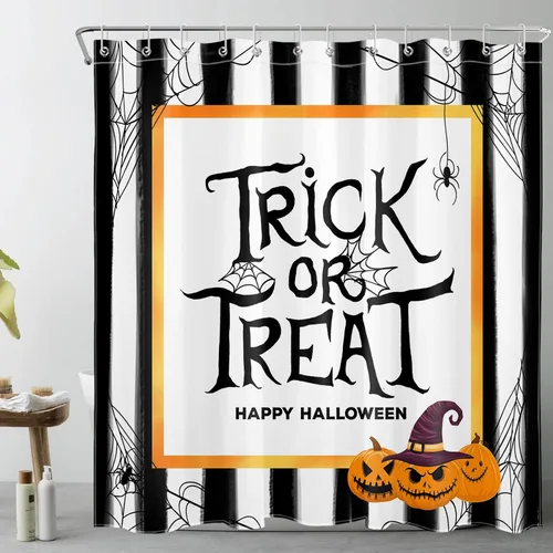 Miniatura 19 de LB Cortina de ducha de Halloween, cementerio de terror, fantasma, gatos negros en árbol, calabaza, cortinas de ducha para baño con ganchos, 60 x 72