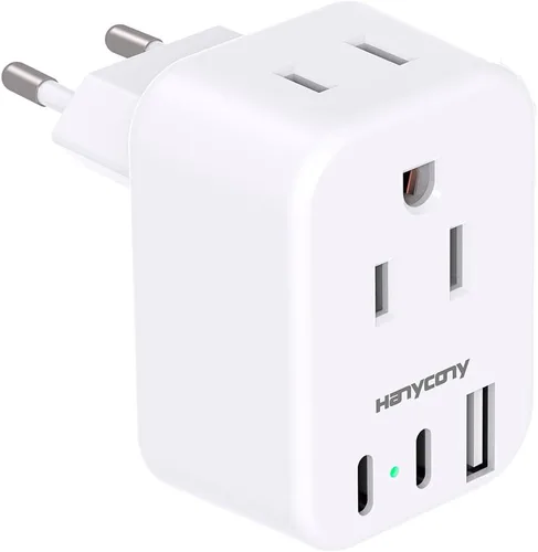 Adaptador de enchufe de viaje europeo USB C, adaptador de enchufe internacional HANYCONY de EE. UU. a Europa, enchufe de 2 tomas, 3 puertos USB (2