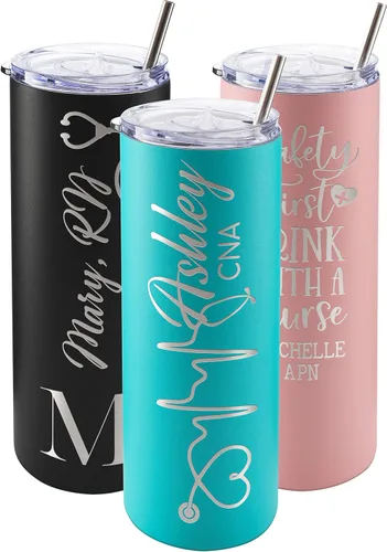 Miniatura 10 de Regalos de enfermera para mujeres, vaso personalizado para enfermera con nombre y especialidad, 20 onzas flacas, blanco, 8 diseños, con cepillo