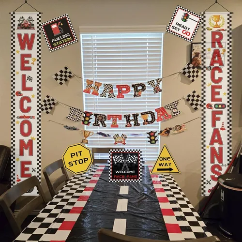 Miniatura 3 de Decoraciones de fiesta de cumpleaños de coche de carreras, banderas temáticas de auto de carreras, 9 carteles de fiesta de carreras para fiesta