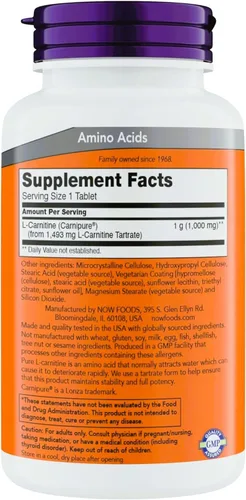 Miniatura 2 de NOW Foods Suplementos, L-carnitina 1,000 mg, forma más pura, carnípuro, aminoácido, soporte de fitness, tabletas, 150