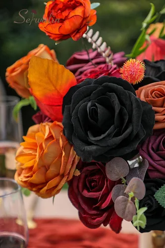 Miniatura 7 de Serwalin - Flores artificiales negras y naranjas de otoño, flores de Halloween, flores de boda negras para ramos de boda DIY, centros de mesa