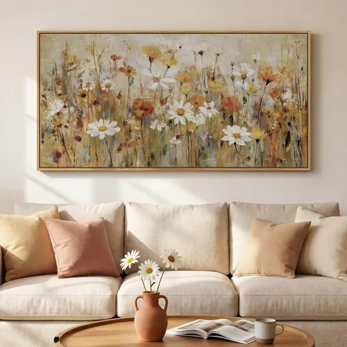 Large Framed Vintage Botanical Wall Art for Living Room, Neutral Rustic Floral Canvas Painting Prints, Retro Cottage Core Flower Picture for