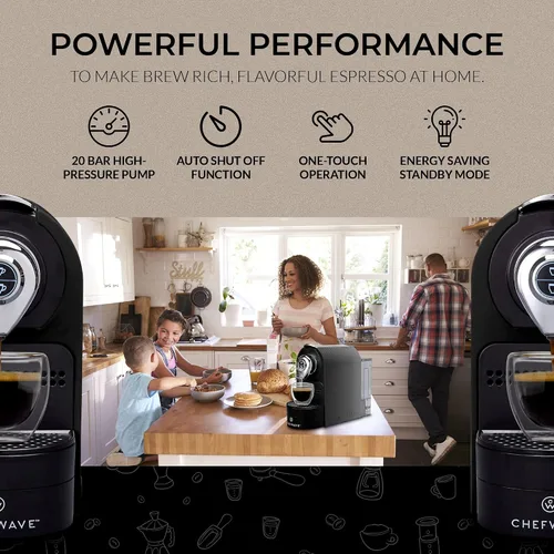 Miniatura 12 de ChefWave Máquina de café expreso y cafetera (negro) – Compatible con cápsulas Nespresso, programable, de un solo toque, bomba italiana de alta