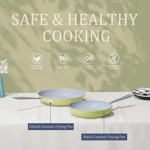 Miniatura 2 de CookinCraze Sartén antiadherente de cerámica de 8 pulgadas para todas las estufas, libre de PTFE/PFOA/PFAS, sartén no tóxica con mango que se Verde