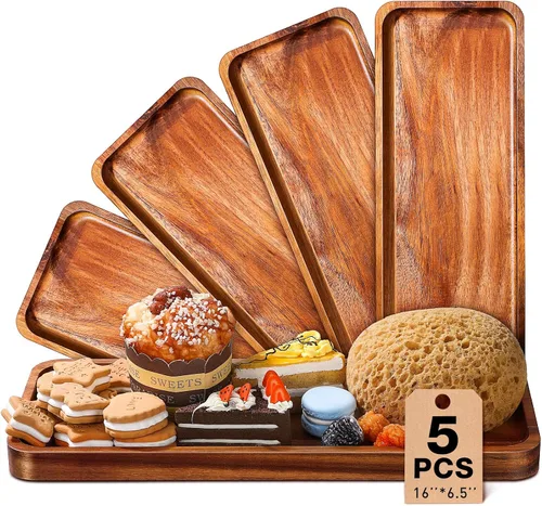 Miniatura 6 de Roowest Paquete de 5 bandejas de madera de acacia maciza para grabado láser, tablero rectangular de madera para aperitivos de alimentos, platos