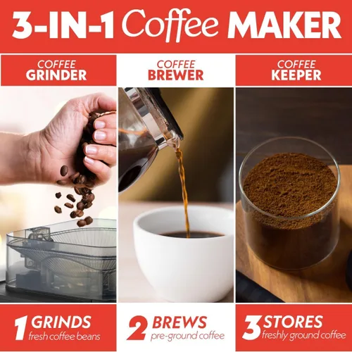 Miniatura 6 de Gourmia Cafetera de 10 tazas para moler y preparar - Molinillo de rebabas integrado, 3 fuerzas de preparación, pantalla digital programable, pausa