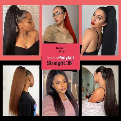 Miniatura 7 de GLAM21USA Extensión de cola de caballo Yaki recta de 24 pulgadas de largo con cordón para mujeres negras, extensión de cabello natural con clip