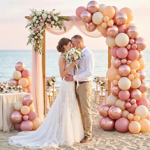 Miniatura 6 de Paquete de 60 globos de 12 pulgadas con temática retro rosado rubor, globos rosa palo, oro rosa metálico cromado, arena blanca y piel, decoración