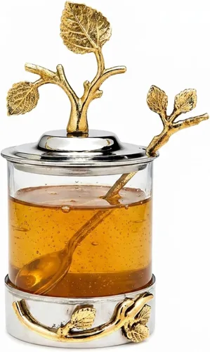 Godinger Elegante tarro de mermelada de hojas y miel con cuchara, elegante plato de acero inoxidable y vidrio para condimentos, azúcar y untables,
