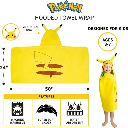 Miniatura 5 de Toalla de rizo de algodón suave con capucha para baño y playa Pokémon Pikachu, 24 x 50 pulgadas, Franco Kids