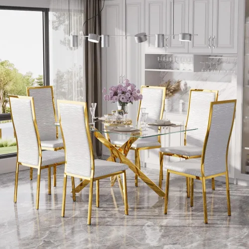 Miniatura 40 de Juego de mesa de comedor de cristal dorado moderno de 63 pulgadas para 6, juego de mesa de cocina rectangular de 7 piezas con patas de acero Negro