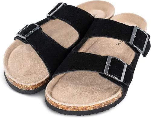 Miniatura 7 de TF STAR Sandalias de cuero de vaca para hombre, hebilla ajustable de 2 correas, pantuflas informales, plantilla de corcho deslizante