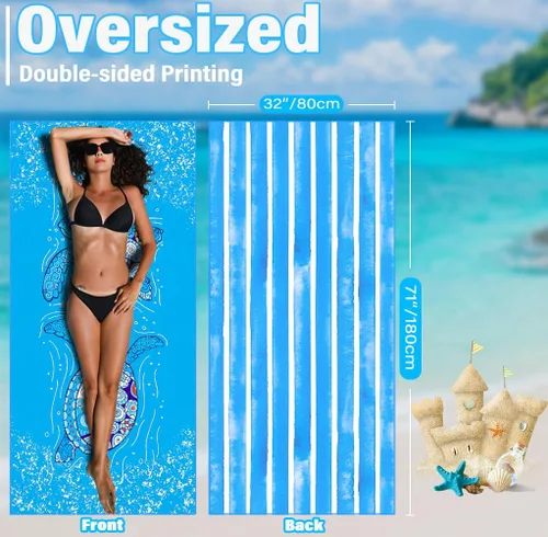 Miniatura 3 de Paquete de 2 toallas de playa de microfibra ligera y fina, sin arena, de secado rápido, absorbentes, compactas, suaves, para piscina, natación