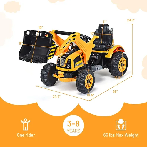 Miniatura 7 de OLAKIDS - Carrito excavador para niños, tractor de construcción a batería de 12 V con cubo de trabajo, bocina, excavadora de carga frontal a batería