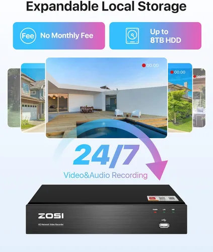 Miniatura 7 de ZOSI Sistema de cámara de seguridad 4K PoE con detección de vehículos personales, 8 puertos 16CH 8MP NVR con disco duro de 2 TB, 8 cámaras IP PoE 4K