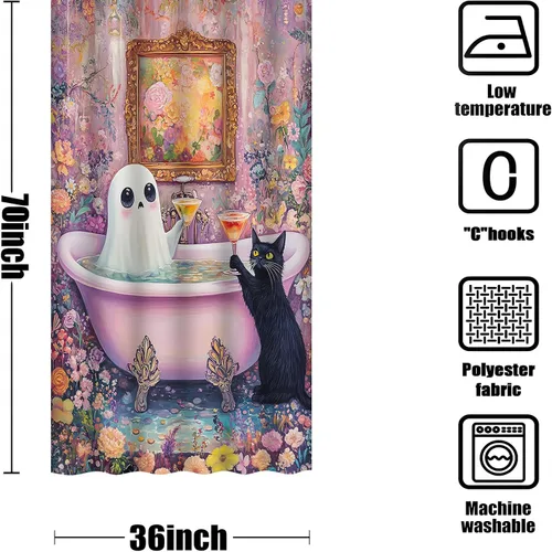 Miniatura 5 de Divertida cortina de ducha de fantasma, diseño de fantasma, rosa, floral, lindo fantasma toma una bañera en flor, Halloween, gato negro, academia