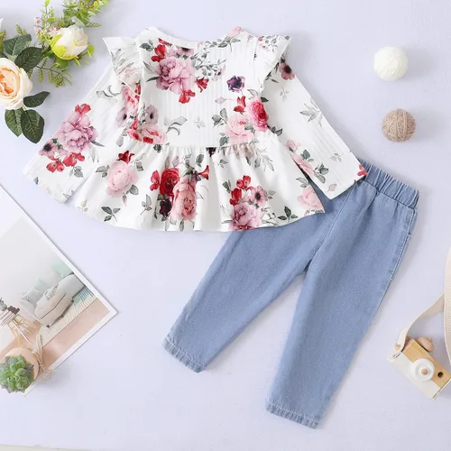 Miniatura 3 de XUANHAO Conjunto de 2 piezas de pantalones de mezclilla para niñas pequeñas parte superior floral con volantes pantalones de mezclilla rasgados