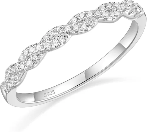 EAMTI Anillo de boda de plata de ley 925 para mujer, circonita cúbica, cuerda trenzada, media eternidad, talla 3-13, Metal, Zirconia cúbica