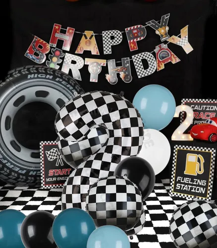 Miniatura 3 de Paquete de globos de auto de carreras azul y negro de 40 pulgadas, globo de números a cuadros 2 en blanco y negro, globos de látex para niños, dos