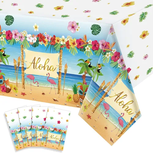 Manteles hawaianos Luau de plástico hawaiano con flamenco hawaiano, Aloha Luau, para fiesta, Aloha y hojas de palmera tropicales, mantel de flamenco