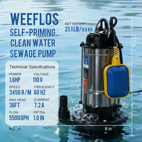 Miniatura 3 de Bomba sumergible de agua automática de 1.6 HP con alto caudal de 5500 GPH 36 pies cabeza máxima, riego, piscina, estanque de jardín, sótano, pozos