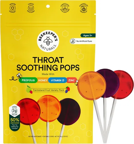 Paletas para el dolor de garganta para niños de Beekeeper's Naturals - Apoyo inmunológico formulado por médicos, vitamina D y miel, menos de 2g de