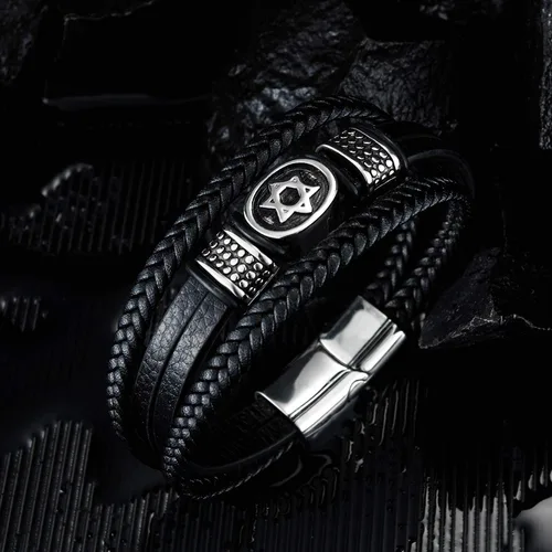 Miniatura 3 de Vanski - Pulsera de cuero trenzado multicapa de acero inoxidable diseño de estrella de David