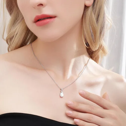 Miniatura 4 de AILUOR Collar con colgante de ópalo vintage, chapado en plata, piedra preciosa ovalada de ópalo blanco, joyería de moda para mujeres y madres, amor