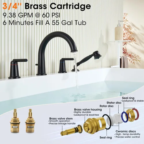 Miniatura 4 de WT-9808BK WT-9808BK - Kit de ajuste para grifo de bañera con ducha de mano y válvula de montaje en cubierta de 4 agujeros de alto flujo clásico