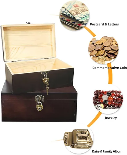 Miniatura 4 de Juego de 2 cajas de almacenamiento de madera con cerradura y llaves, caja decorativa de madera para recuerdos con tapa con bisagras, cofre