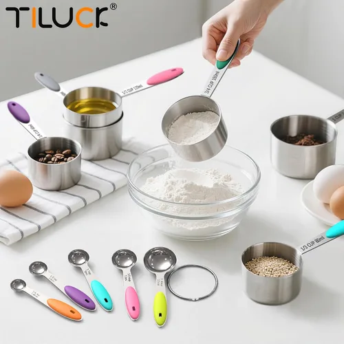 Miniatura 6 de TILUCK Juego de tazas y cucharas medidoras, acero inoxidable, utensilios de cocina para cocinar y hornear (10)