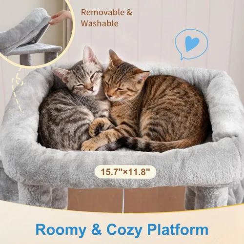 Miniatura 3 de Hey-brother Torre para Gatos con Plataforma Extra Grande, Condominio Espacioso, 2 Hamacas Cómodas, Cepillo de Auto-Acicalamiento, Postes Rascadores