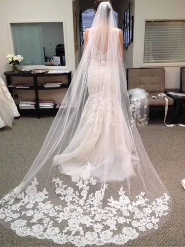 Miniatura 4 de Dreamyn Novia de encaje velo de novia 1 nivel 118 pulgadas blanco largo catedral longitud Veli novia tul accesorios para el pelo con peine mental
