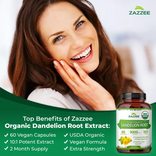 Miniatura 4 de Zazzee USDA Extracto Orgánico de Raíz de Diente de León 10:1, Concentración de 3000 mg, 60 Cápsulas, Suministro para 2 Meses, Extracto Estandarizado