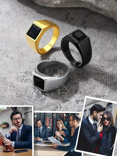 Miniatura 7 de U7 Anillo de joyería de moda de ónix negroazul para hombres y mujeres, anillos de sello cuadrado de acero inoxidable para papá y padre, anillos