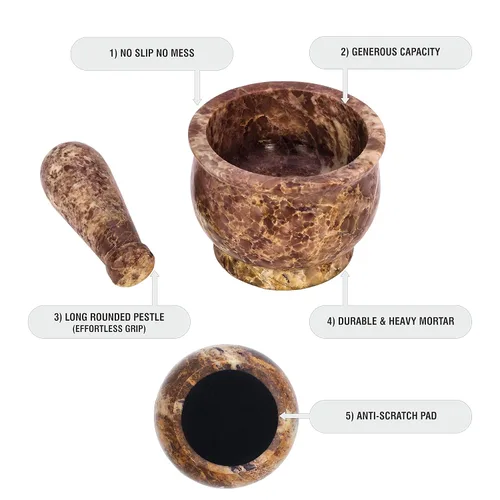Miniatura 7 de Mortero y mortero, hecho de piedra dura pulida resistente, molinillo de piedra natural para especias, pastas, hierbas, condimentos, etc.