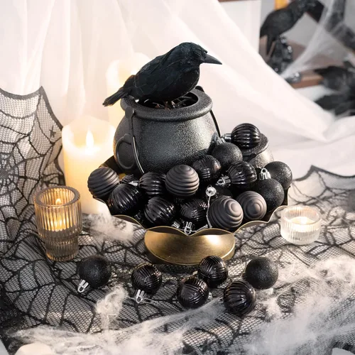 Miniatura 6 de Valery Madelyn 1.6" Adornos Pequeños de Navidad para Árbol, Juego de 24 Adornos Colgantes de Bola Negros Inastillables a Granel para Decoración