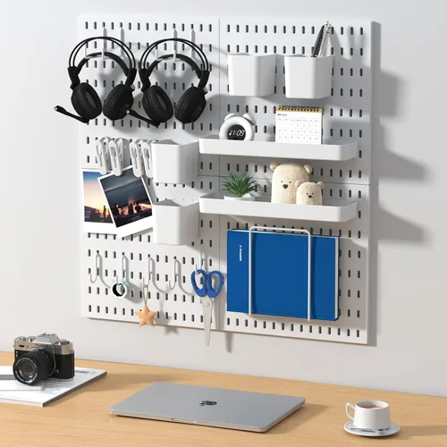 Miniatura 2 de Kit de combinación de tablero de clavijas, 4 tableros de clavijas con 20 accesorios, organizador de pared de tablero de clavijas para oficina, Blanco