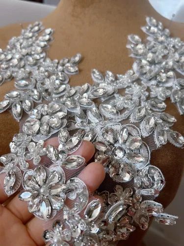 Miniatura 3 de 1 par de decoraciones de vestido de novia de 5.1 x 13.4 in, parches de encaje para coser con cuentas de diamantes de imitación sueltas, piedras