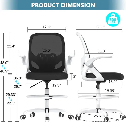 Miniatura 2 de Kensaker Silla alta de dibujo con anillo de reposapiés para el hogar y el trabajo, silla ergonómica de escritorio para oficina en casa con brazos