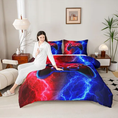 Miniatura 34 de Manfei Juego de edredón moderno de 2 piezas con estampado de consola de videojuegos de panal azul con 1 funda de almohada, juego de ropa de cama