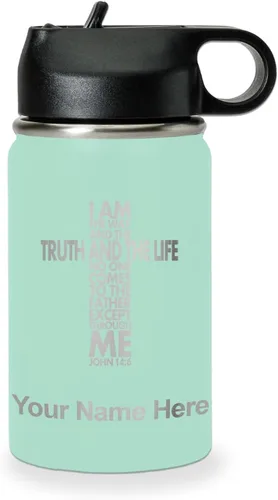 Miniatura 62 de LaserGram Botella de agua de doble pared abatible de 12 onzas con pajilla, versículo bíblico John 14-6, grabado personalizado incluido