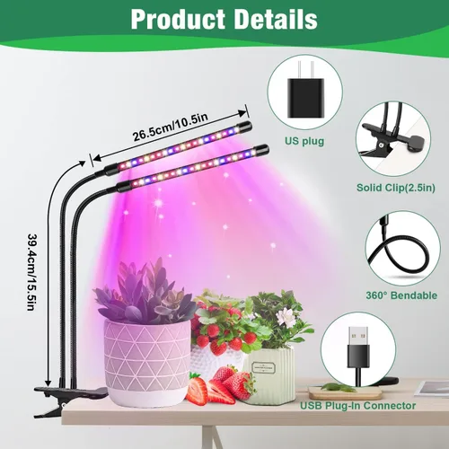 Miniatura 5 de Garpsen Luces de Crecimiento para Plantas de Interior, 2PCS 2 Cabezales Luces LED de Espectro Completo para Germinación de Semillas, 80 LEDs Luz