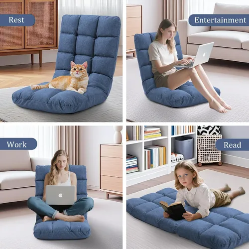 Miniatura 8 de Folding Floor Gaming Chair with Back Support, 14-Position Adjustable Recliner - Padded Cushion with Breathable Linen & Cotton Blend for Adults &