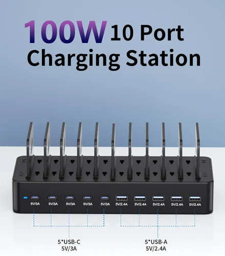 Miniatura 2 de Estación de carga de 100 W para múltiples dispositivos, estación de carga rápida USB de 10 puertos con divisores ajustables y 10 cables, base
